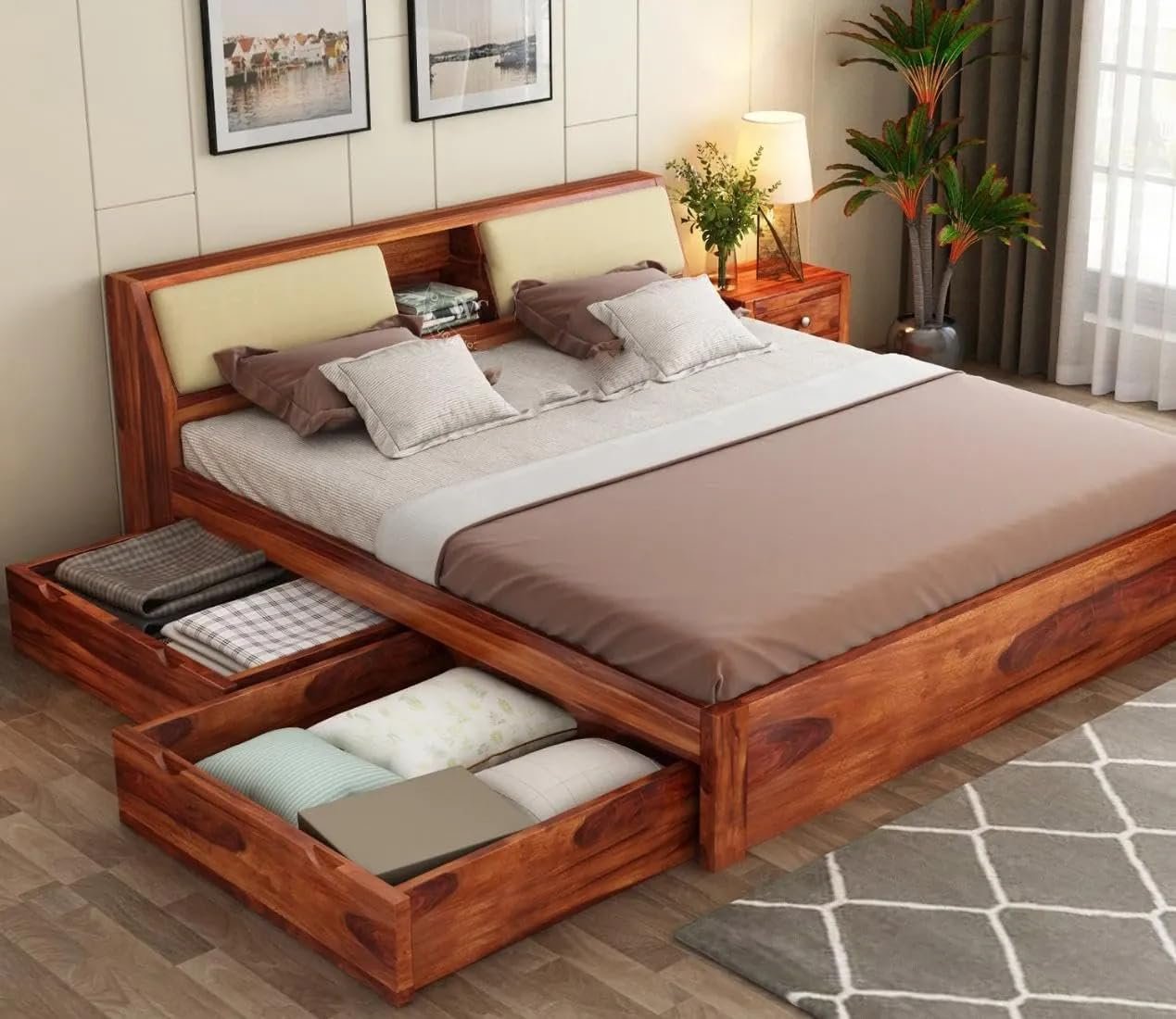 71SA4ghTGXL._SL1269_ Wooden Sheesham Wood Bed with 4 Drawer Storage, Solid Wooden Cot Bed Furniture, Elegant & Functional Bedroom & Living Room Home Palang - Image 1