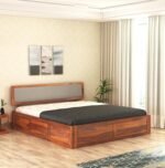 Woodmart furniture Wooden Queen Size Bed with Storage | Double Bed Cot Bed with Box Storage & Upholstered Cushioned Headboard for Bedroom | Sheesham Wood