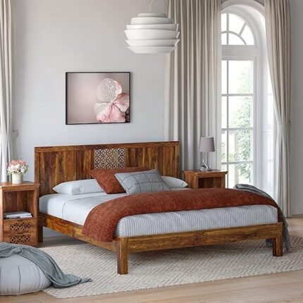 Solid Sheesham Wood Bed Without Storage for Bedroom | Rosewood Palang Bed Living Room | Wooden Double Bed Cot for Home Hotel